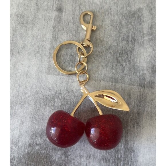 Cherry Pair  w Leave Red Glitter Keychain Fob Purse Charm Gold - Picture 8 of 8